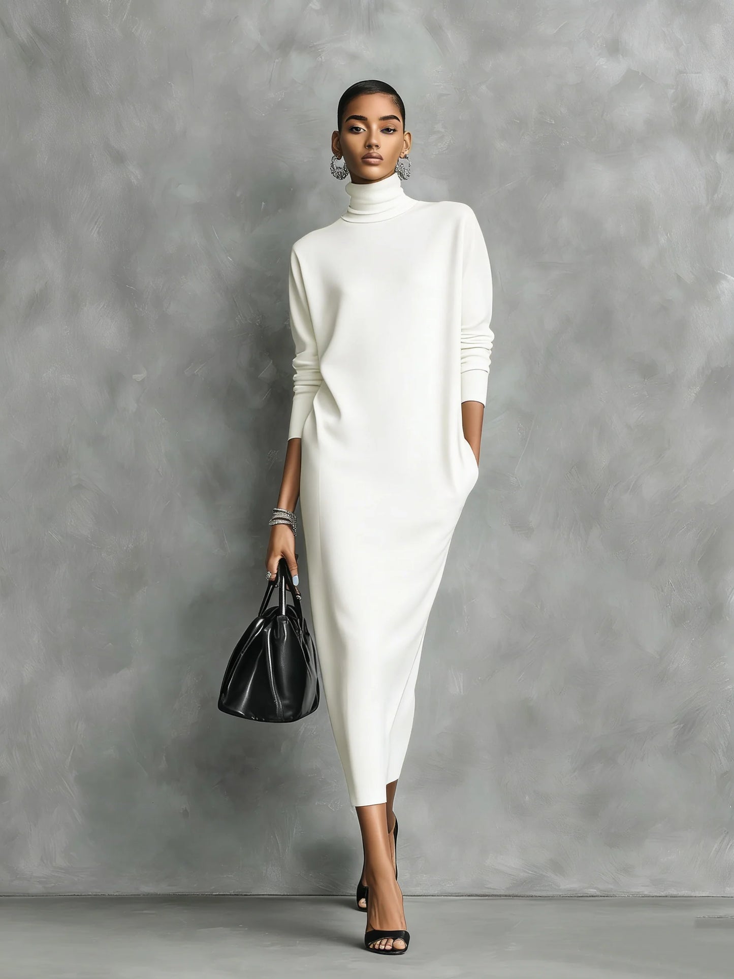 Abito Maxi in Maglia con Collo Alto – Maniche Lunghe e Vestibilità Ampia