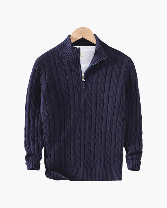 Men's Cable-Knit Half-Zip Sweater – Navy Blue