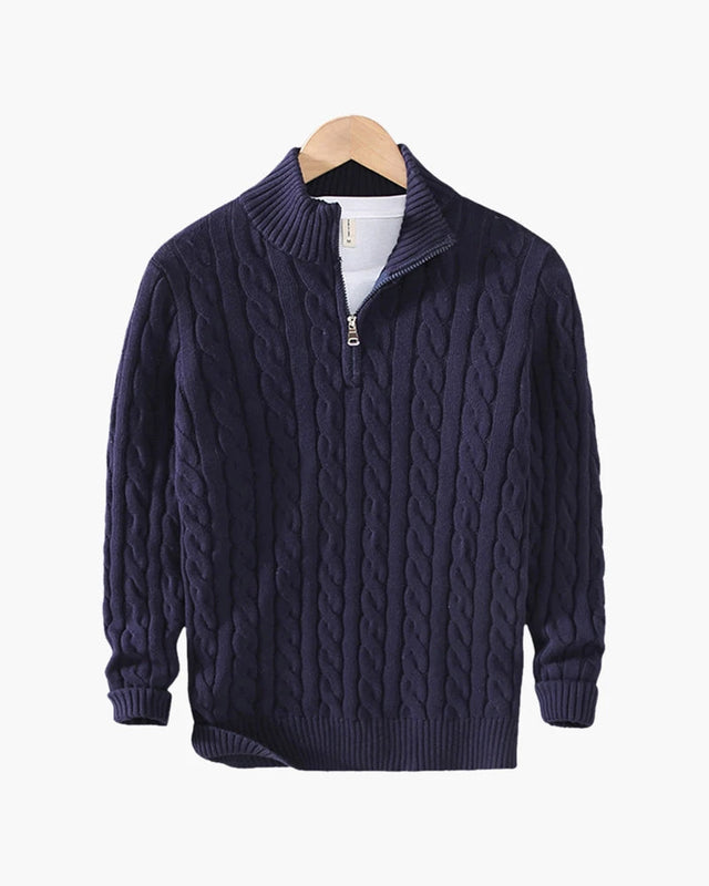 Men's Cable-Knit Half-Zip Sweater – Navy Blue