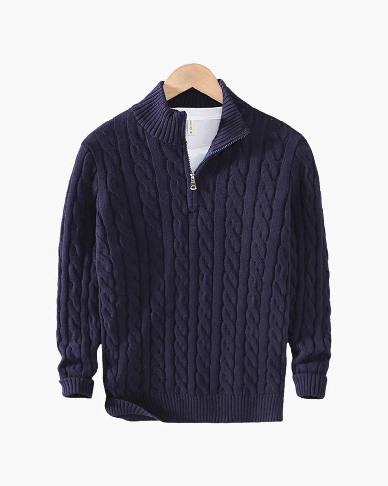 Men's Cable-Knit Half-Zip Sweater – Navy Blue