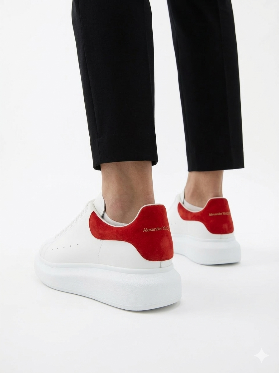 Alexander McQueen Oversized Leather Sneakers – White with Red Heel