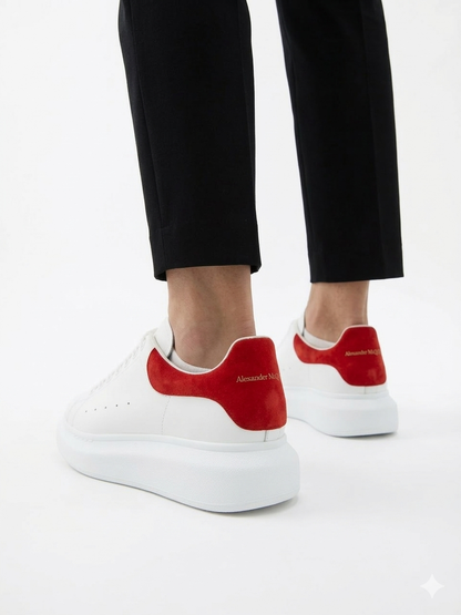 Alexander McQueen Oversized Leather Sneakers – White with Red Heel