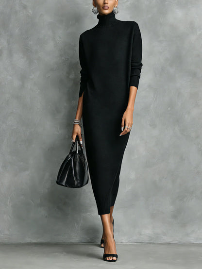 Dámské Elegantní Pletené Maxi Šaty s Rolákem – Dlouhý Rukáv, Volný Střih