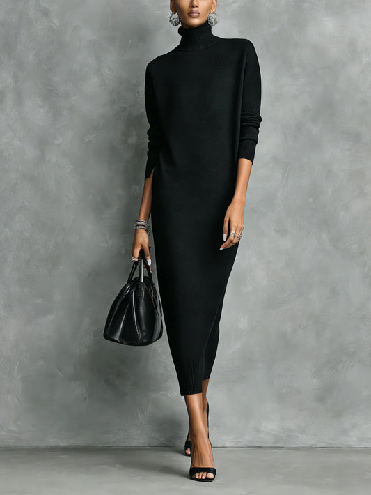 Abito Maxi in Maglia con Collo Alto – Maniche Lunghe e Vestibilità Ampia