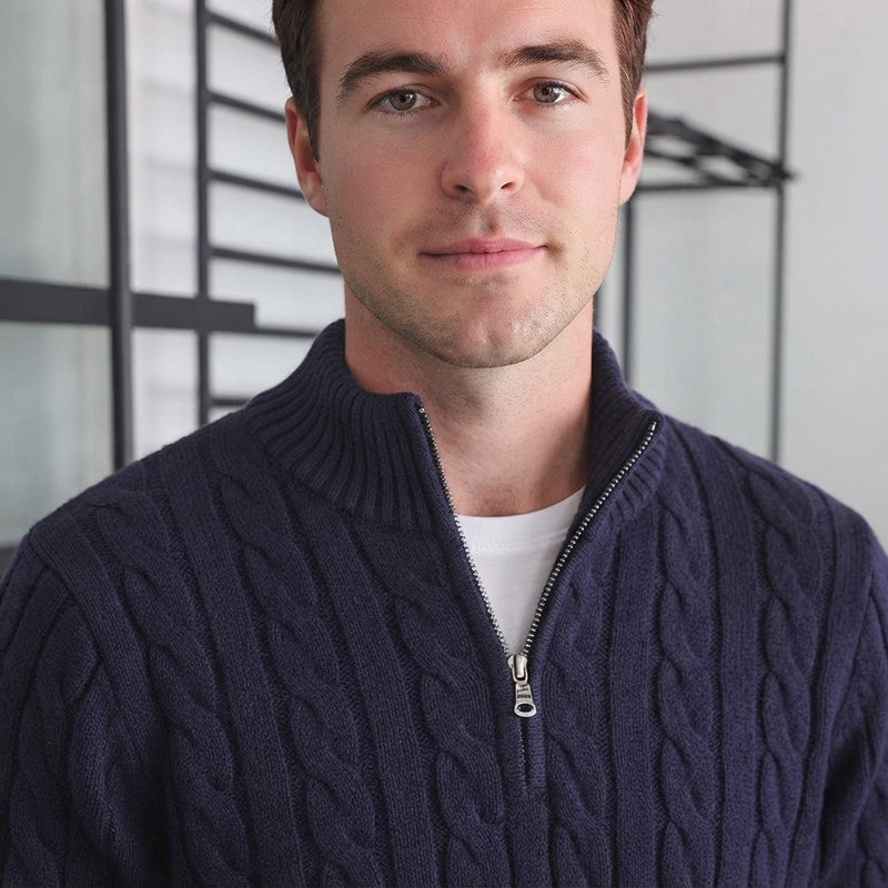 Men's Cable-Knit Half-Zip Sweater – Navy Blue
