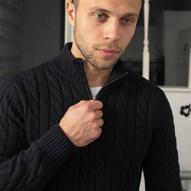 Men's Cable-Knit Half-Zip Sweater – Black